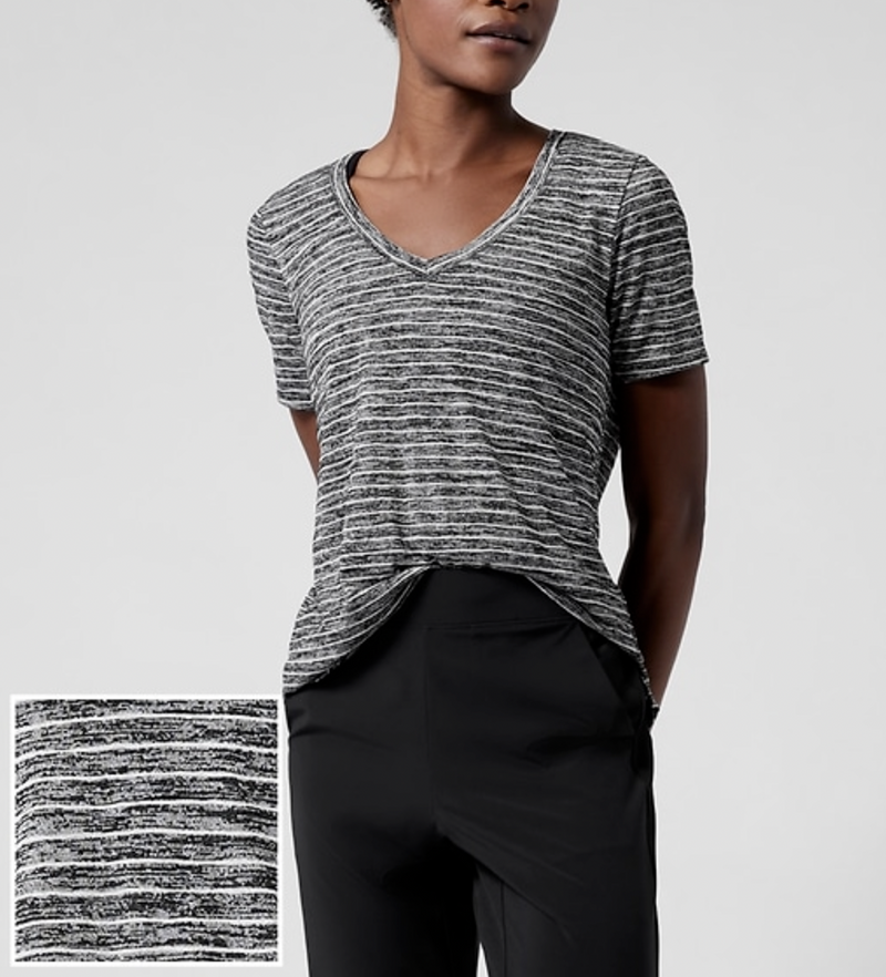 Athleta Charcoal Grey Striped Scoop V-Neck Short Sleeve Breezy Tee Top