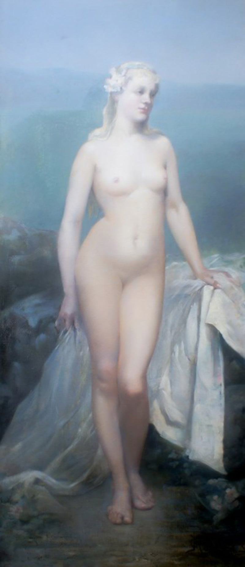 A large French oil painting, indistinctly signed, dated 1887. Young naked blonde woman.