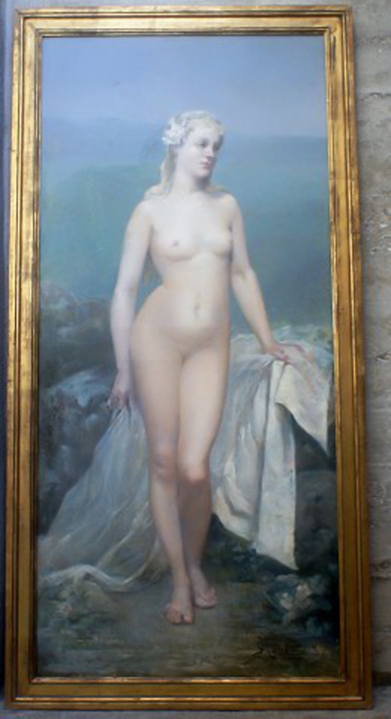 A large French oil painting, indistinctly signed, dated 1887. Young naked blonde woman.