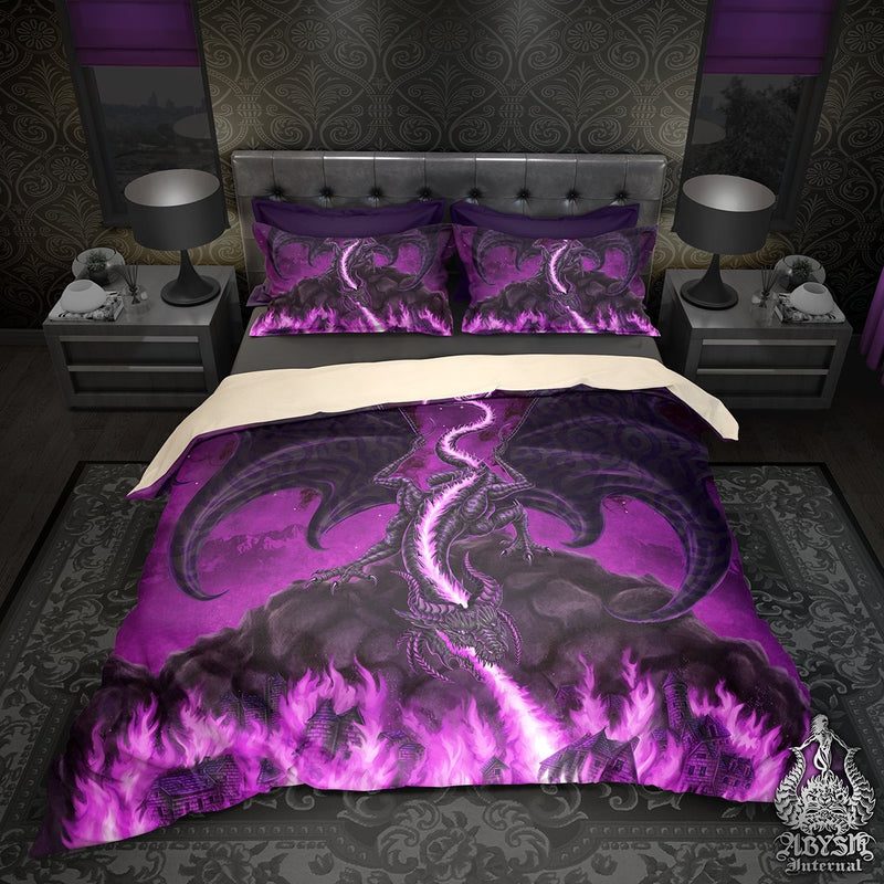 Gamer Bed Cover, Duvet or Comforter, Fire Dragon Bedding Set, Bedroom Decor, DM Gift, King, Queen & Twin Size - Pastel Goth, Black Purple
