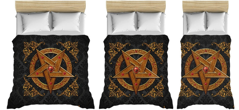 Pentagram Bedding Set, Comforter or Duvet, Satanic Goth Bed Cover, Bedroom Decor, King, Queen & Twin Size - Gold