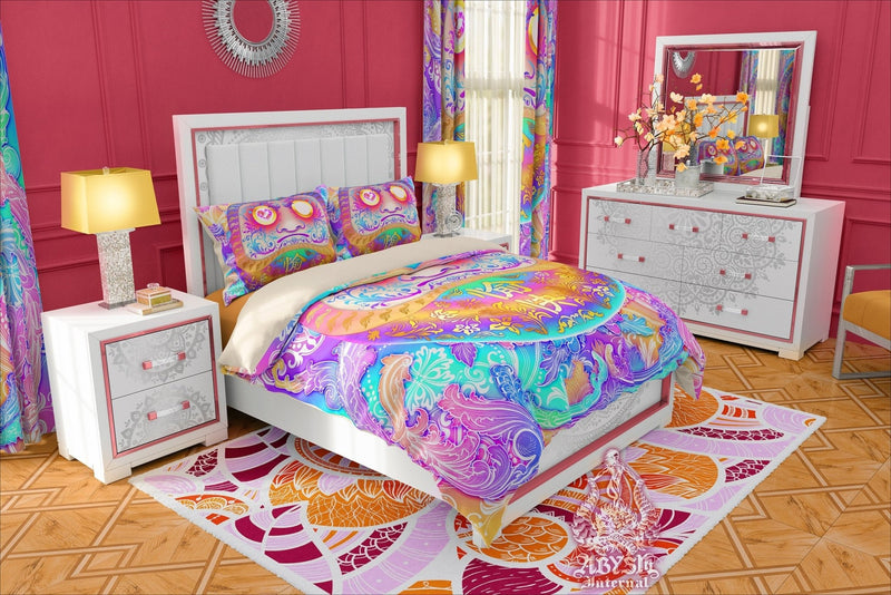 Japanese Bedding Set, Harajuku Comforter or Duvet, Pastel Daruma, Aesthetic Bed Cover, Kawaii Bedroom Decor, King, Queen & Twin Size - Psychedelic