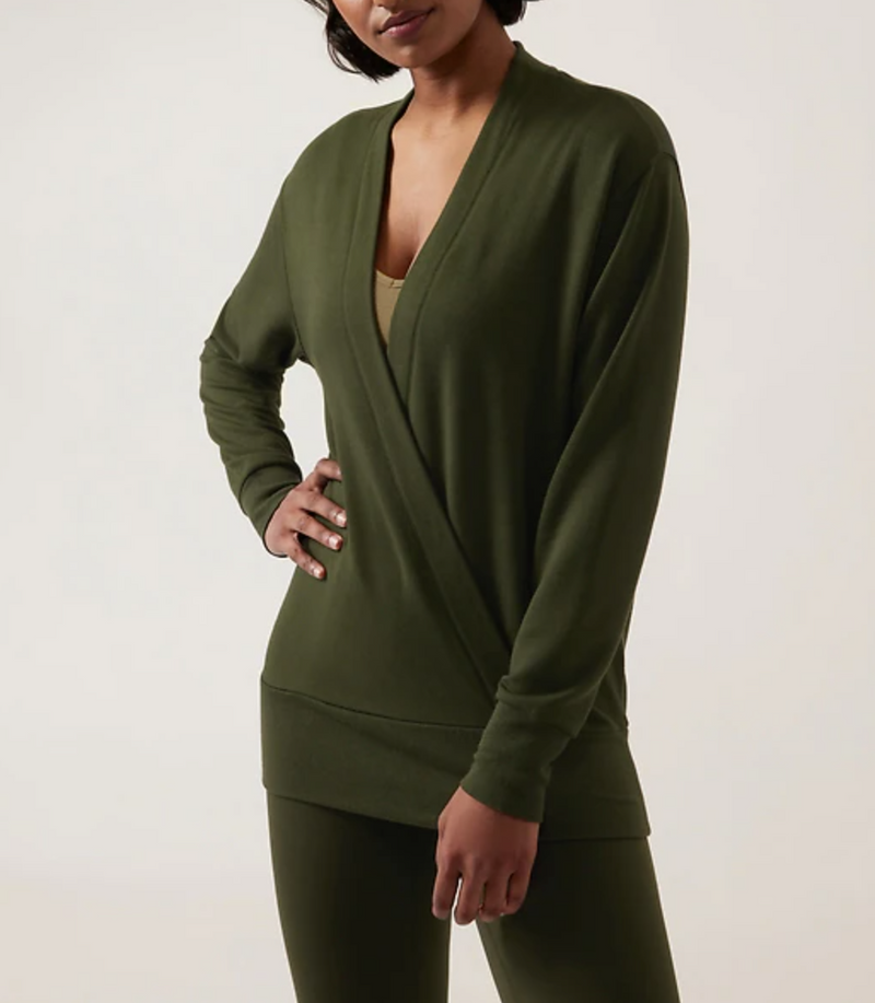 Athleta Aspen Olive Purana V-Neck Wrap Sweatshirt