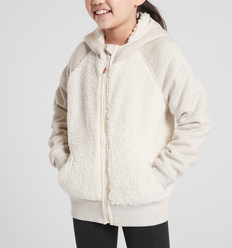Athleta Girl Oatmeal Heather Sherpa Long Sleeve Full Zip Hooded Jacket