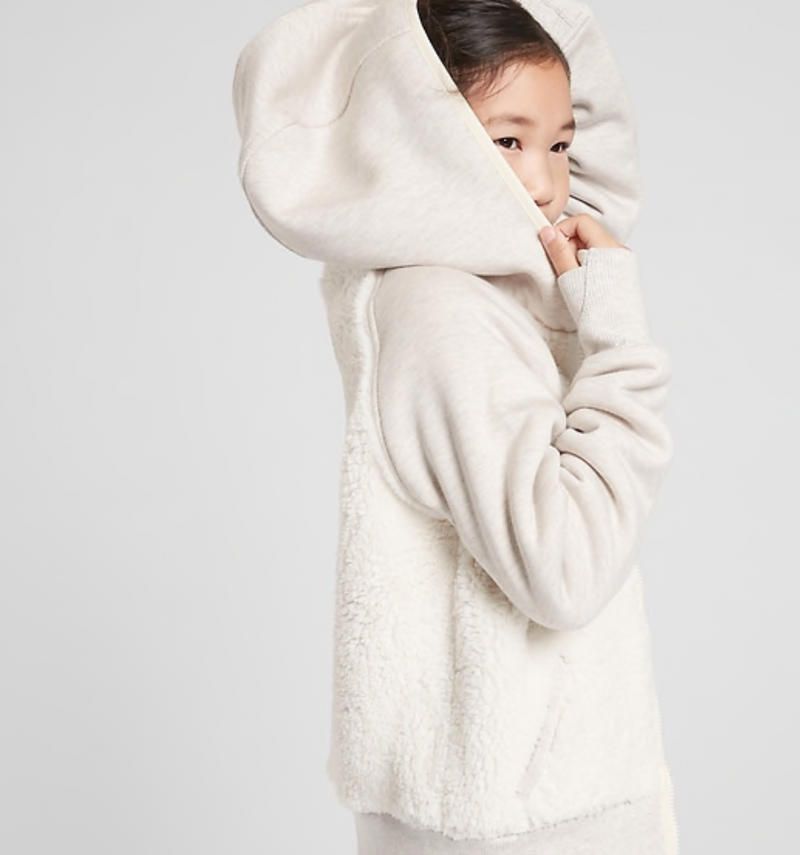 Athleta Girl Oatmeal Heather Sherpa Long Sleeve Full Zip Hooded Jacket