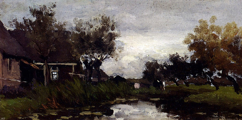 Farmhouses On The Waterfront by Johann Hendrik  Weissenbruch - Hand Painted Oil Painting
