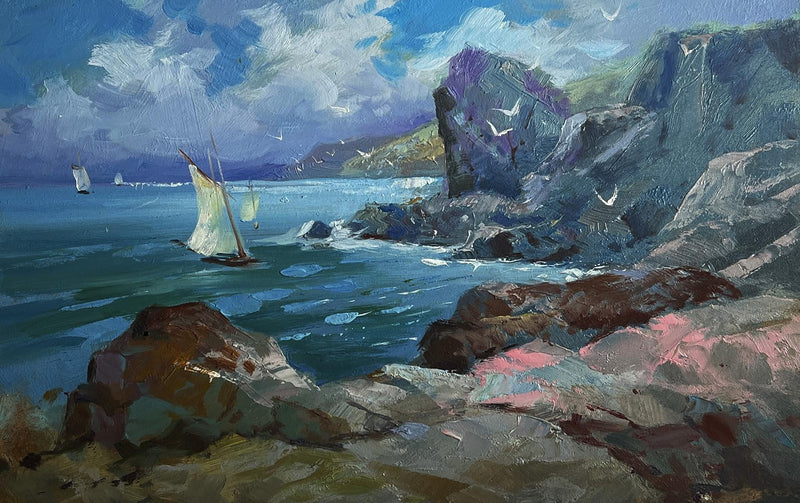 Oil painting Seagulls and rocky shore in the sea Yuriy Suprunchuk