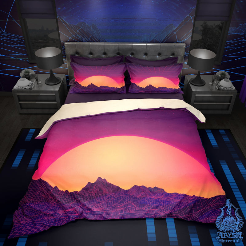 Vaporwave Bedding Set, Comforter or Duvet, Synthwave Bed Cover, Retrowave Bedroom Decor, King, Queen & Twin Size, Gamer Kids 80s Room - Sunset