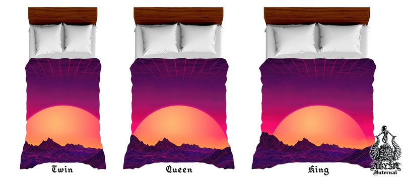 Vaporwave Bedding Set, Comforter or Duvet, Synthwave Bed Cover, Retrowave Bedroom Decor, King, Queen & Twin Size, Gamer Kids 80s Room - Sunset