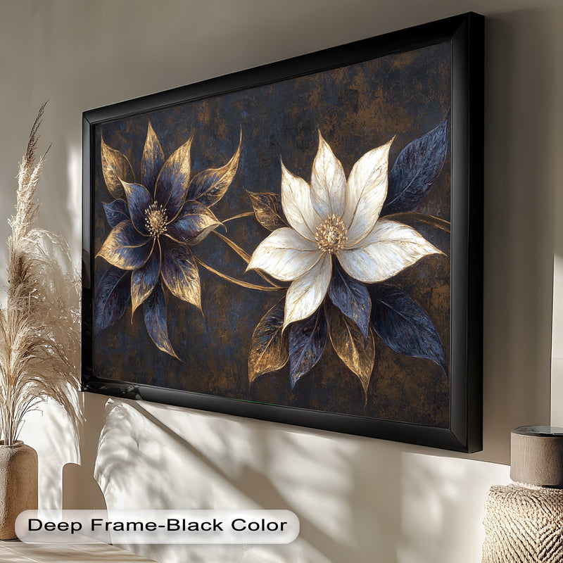 Blue Floral Stained Art – Botanical Oil Painting